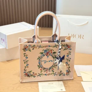 Dior Women Dioriviera Medium Dior Book Tote with Strap Pink Multicolor Dior Arabesque Embroidery