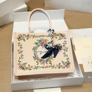 Dior Women Dioriviera Medium Dior Book Tote with Strap Pink Multicolor Dior Arabesque Embroidery