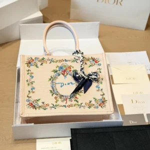 Dior Women Dioriviera Medium Dior Book Tote with Strap Pink Multicolor Dior Arabesque Embroidery