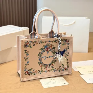Dior Women Dioriviera Medium Dior Book Tote with Strap Pink Multicolor Dior Arabesque Embroidery