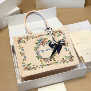 Dior Women Dioriviera Medium Dior Book Tote with Strap Pink Multicolor Dior Arabesque Embroidery