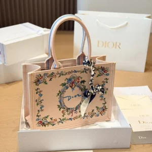 Dior Women Dioriviera Medium Dior Book Tote with Strap Pink Multicolor Dior Arabesque Embroidery