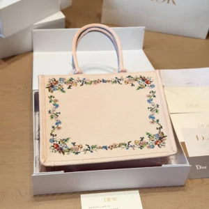 Dior Women Dioriviera Medium Dior Book Tote with Strap Pink Multicolor Dior Arabesque Embroidery