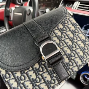 Dior Women Saddle Heritage Messenger Bag with Flap Beige and Black Dior Oblique Jacquard
