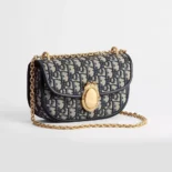 Dior Women Small Dior Médaillon Flap Bag with Chain Blue Dior Oblique Jacquard