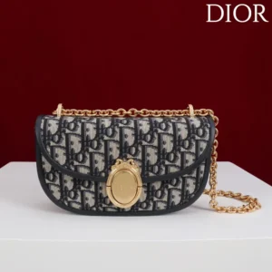 Dior Women Small Dior Médaillon Flap Bag with Chain Blue Dior Oblique Jacquard