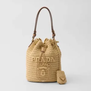 Prada Women Mini Crochet and Leather Bucket Bag-Natural 1BE068