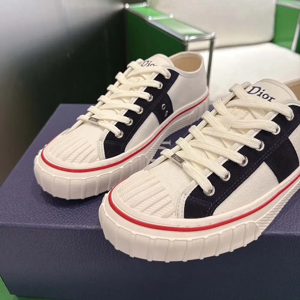 Dior Unisex Hooper Low-Top Sneaker White Canvas and Navy Blue Suede Calfskin 10 Dior Unisex Hooper Low-Top Sneaker White Canvas and Navy Blue Suede Calfskin