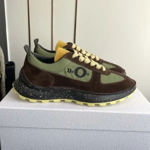 Dior Unisex Squash Sneaker Brown and Yellow Suede Calfskin with Green Technical Fabric