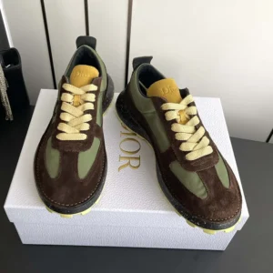 Dior Unisex Squash Sneaker Brown and Yellow Suede Calfskin with Green Technical Fabric
