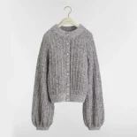 Dior Women Cardigan Gray Virgin Wool-Cashmere-Blend Tweed Embroidered with Sequins