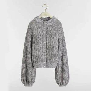Dior Women Cardigan Gray Virgin Wool-Cashmere-Blend Tweed Embroidered with Sequins