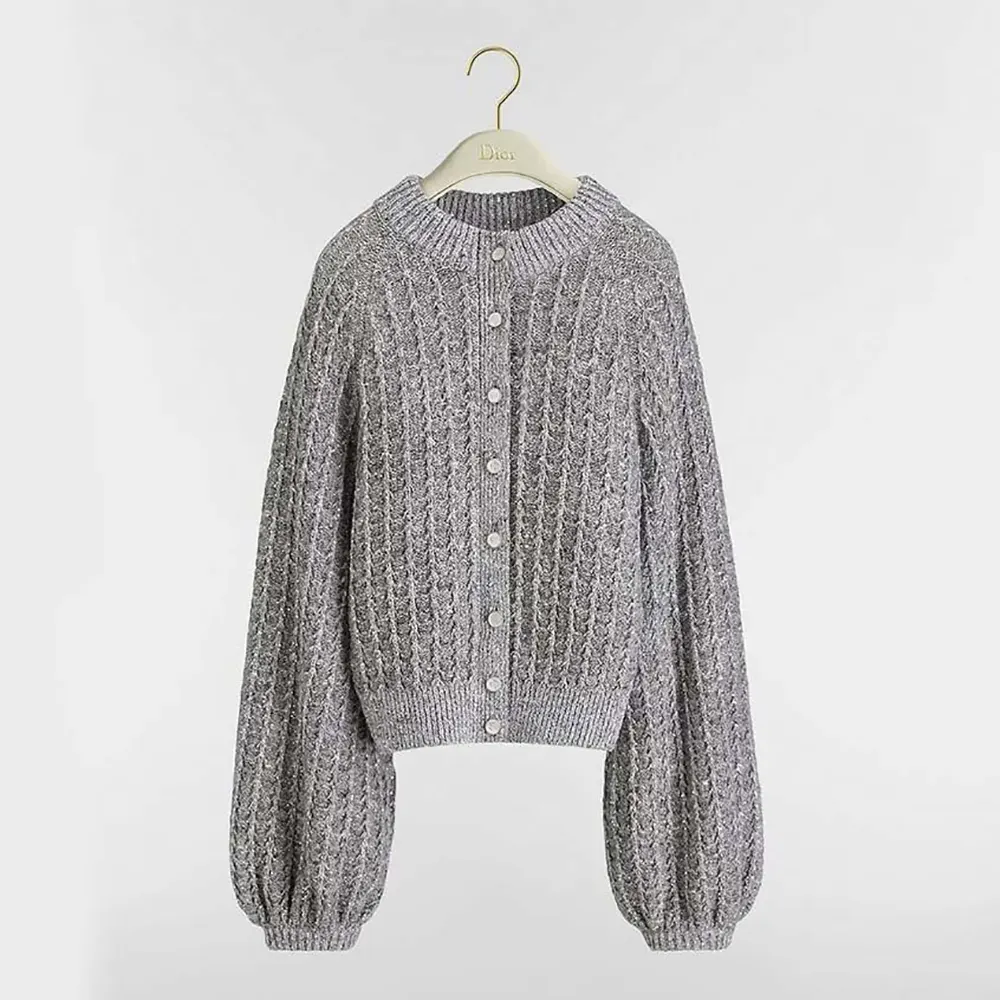 Dior Women Cardigan Gray Virgin Wool-Cashmere-Blend Tweed Embroidered with Sequins