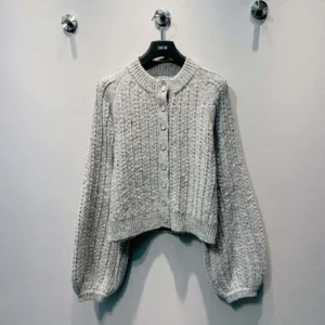 Dior Women Cardigan Gray Virgin Wool-Cashmere-Blend Tweed Embroidered with Sequins