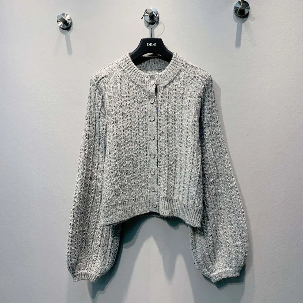Dior Women Cardigan Gray Virgin Wool-Cashmere-Blend Tweed Embroidered with Sequins
