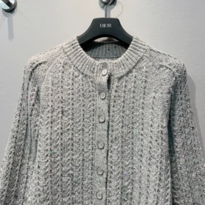 Dior Women Cardigan Gray Virgin Wool-Cashmere-Blend Tweed Embroidered with Sequins