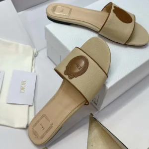 Dior Women Dioriviera Dior Médaillon Slide Natural Embroidered Cotton and Cognac Brown Calfskin
