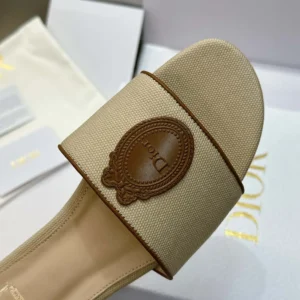 Dior Women Dioriviera Dior Médaillon Slide Natural Embroidered Cotton and Cognac Brown Calfskin