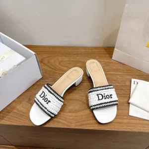 Dior Women Dioriviera Dior Woven Heeled Slide White Crocheted Raffia-Effect Technical Fabric