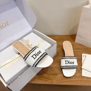 Dior Women Dioriviera Dior Woven Heeled Slide White Crocheted Raffia-Effect Technical Fabric