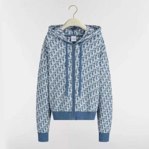 Dior Women Dioriviera Zipped Cardigan with Hood Blue Spongy Dior Oblique Cotton-Blend Jacquard