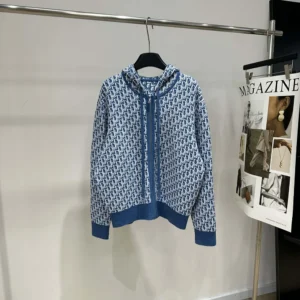 Dior Women Dioriviera Zipped Cardigan with Hood Blue Spongy Dior Oblique Cotton-Blend Jacquard