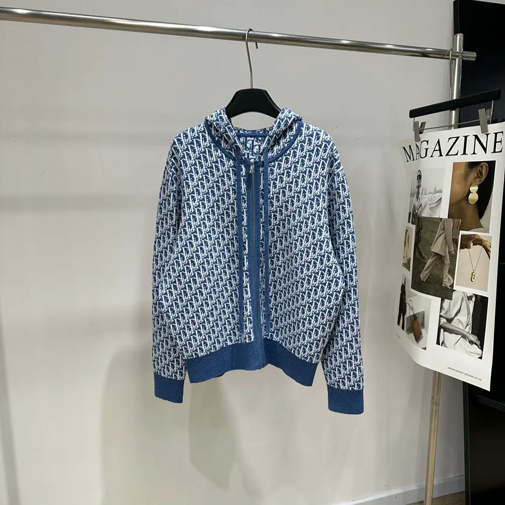 Dior Women Dioriviera Zipped Cardigan with Hood Blue Spongy Dior Oblique Cotton-Blend Jacquard