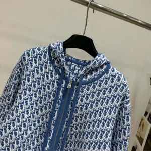 Dior Women Dioriviera Zipped Cardigan with Hood Blue Spongy Dior Oblique Cotton-Blend Jacquard
