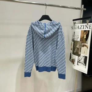 Dior Women Dioriviera Zipped Cardigan with Hood Blue Spongy Dior Oblique Cotton-Blend Jacquard