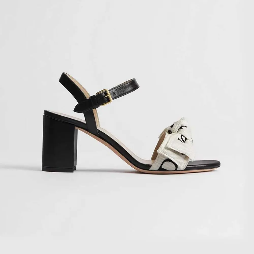 Dior Women J'Adior Heeled Sandal Embroidered Cotton and Black Lambskin