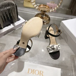 Dior Women J'Adior Heeled Sandal Embroidered Cotton and Black Lambskin