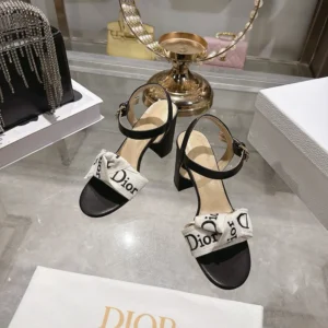 Dior Women J'Adior Heeled Sandal Embroidered Cotton and Black Lambskin