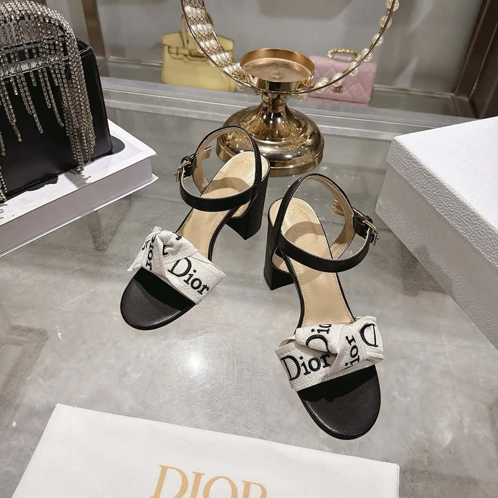 Dior Women J'Adior Heeled Sandal Embroidered Cotton and Black Lambskin