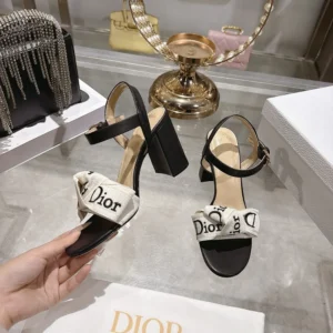 Dior Women J'Adior Heeled Sandal Embroidered Cotton and Black Lambskin