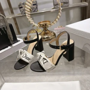 Dior Women J'Adior Heeled Sandal Embroidered Cotton and Black Lambskin