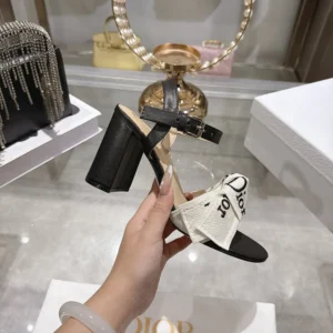 Dior Women J'Adior Heeled Sandal Embroidered Cotton and Black Lambskin