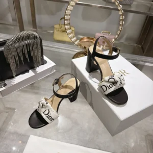 Dior Women J'Adior Heeled Sandal Embroidered Cotton and Black Lambskin