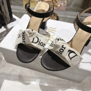 Dior Women J'Adior Heeled Sandal Embroidered Cotton and Black Lambskin
