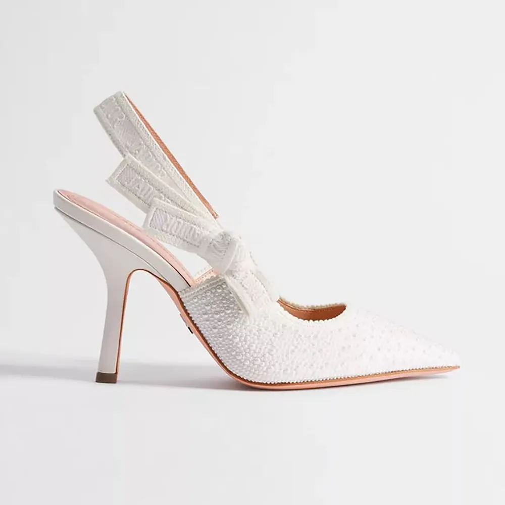 Dior Women J'Adior Slingback Pump Embroidered Cotton and White Resin Pearls