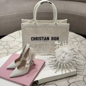 Dior Women J'Adior Slingback Pump Embroidered Cotton and White Resin Pearls