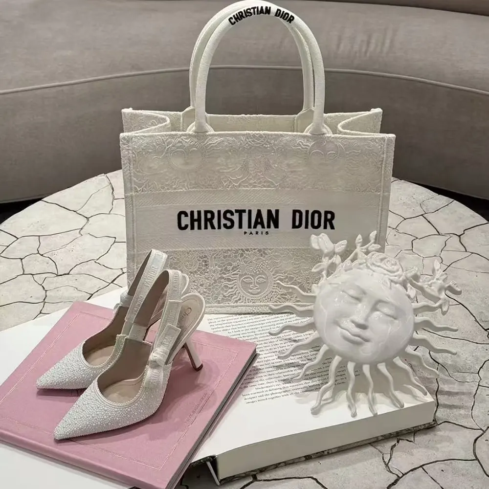 Dior Women J'Adior Slingback Pump Embroidered Cotton and White Resin Pearls
