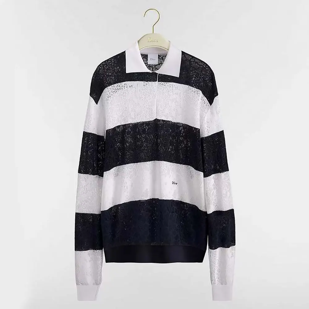 Dior Women Marinière Long-Sleeved Polo Shirt Black and White Technical Lace