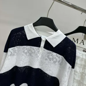 Dior Women Marinière Long-Sleeved Polo Shirt Black and White Technical Lace