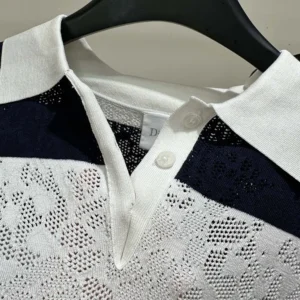 Dior Women Marinière Long-Sleeved Polo Shirt Black and White Technical Lace
