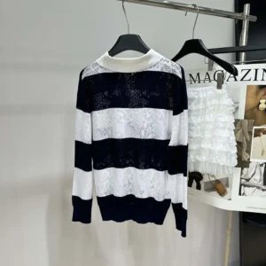 Dior Women Marinière Long-Sleeved Polo Shirt Black and White Technical Lace