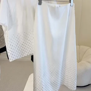 Dior Women Mid-Length Flared Skirt White Silk Twill with Black PolkaDior Motif