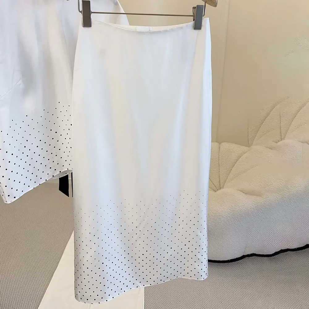 Dior Women Mid-Length Flared Skirt White Silk Twill with Black PolkaDior Motif