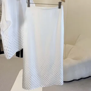 Dior Women Mid-Length Flared Skirt White Silk Twill with Black PolkaDior Motif