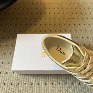 Dior Women Ribbon Sneaker Beige Suede Calfskin and Gold-Tone Crinkled Laminated Lambskin