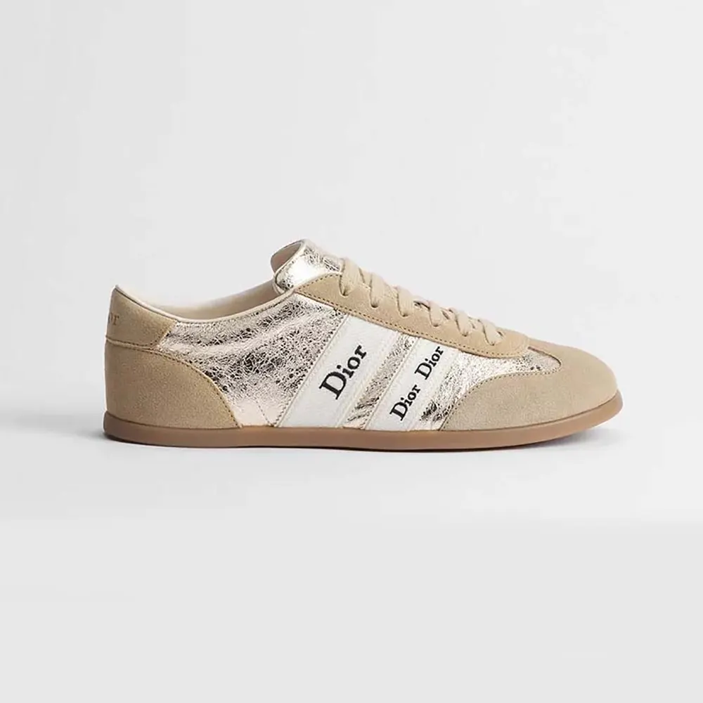Dior Women Ribbon Sneaker Beige Suede Calfskin and Gold-Tone Crinkled Laminated Lambskin